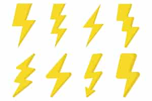 Free vector set of eight different style lightning bolts