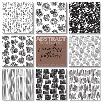 Set of eight hand drawn ink seamless patterns. endless vector backgrounds of simple primitive scratchy textures with dots, stripes, waves.