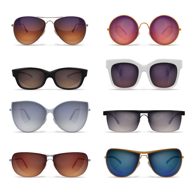 Free vector set of eight isolated sunglasses realistic images with sun goggles models of different shape and colour