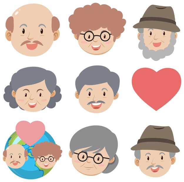Set of elderly people head cartoon
