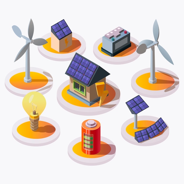 Set of electric power icons in isometric style