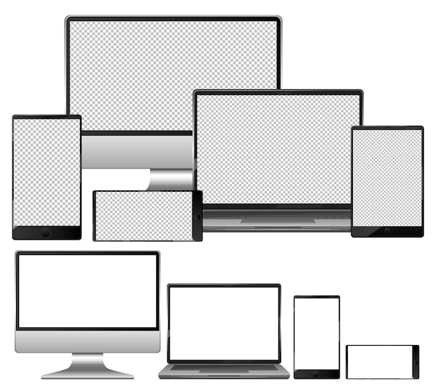 Set of electronic devices on white background