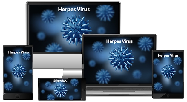 Set di dispositivi elettronici con virus dell'herpes sullo schermo