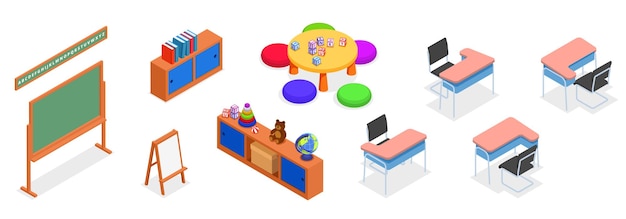 Free vector set of elements and furniture of a classroom