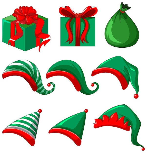 Set of elf hats and gift boxes