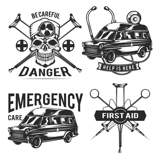 Set of emergency emblems, labels, badges, logos.