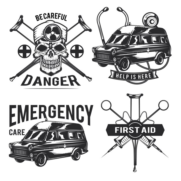 緊急エンブレム、ラベル、バッジ、ロゴのセット。