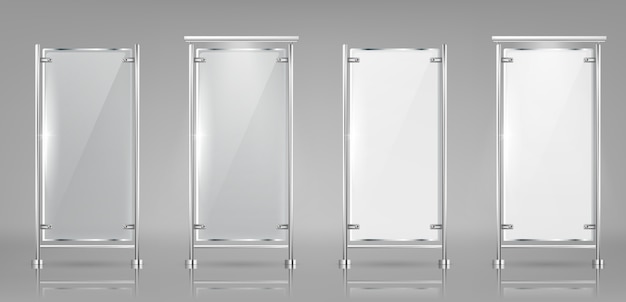 Set of empty glass banners on metal racks, transparent and white displays
