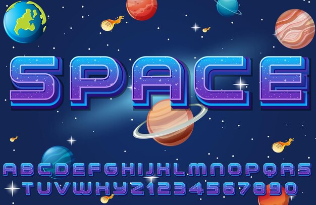 A set of English alphabet space font on space background