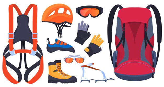 Premium Vector Set Of Equipment For Climbing Climbers Insurance Carbines Ice Ax Helmet Boots Claws Gloves Extreme Sports