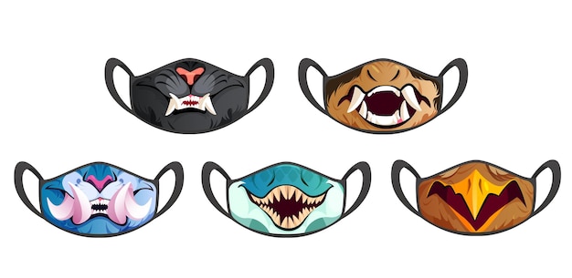 Set of face masks with scary animal fangs