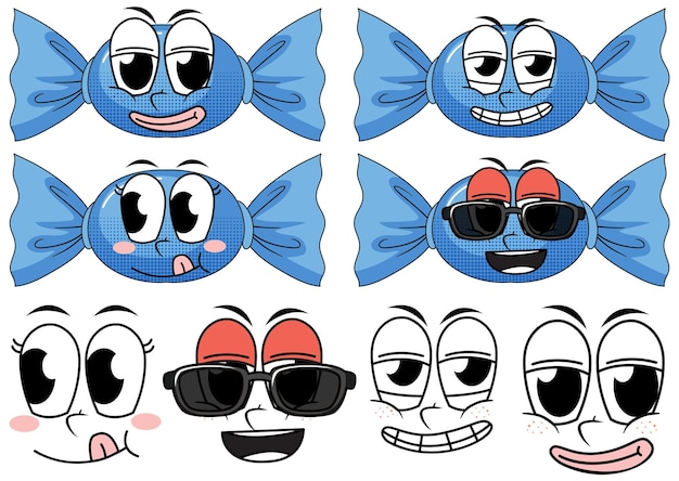 Set di cartoni animati in stile vintage di espressione facciale con caramelle su whi