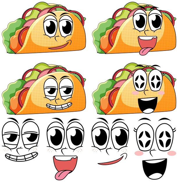 Set of facial expression vintage style cartoon with taco on whit