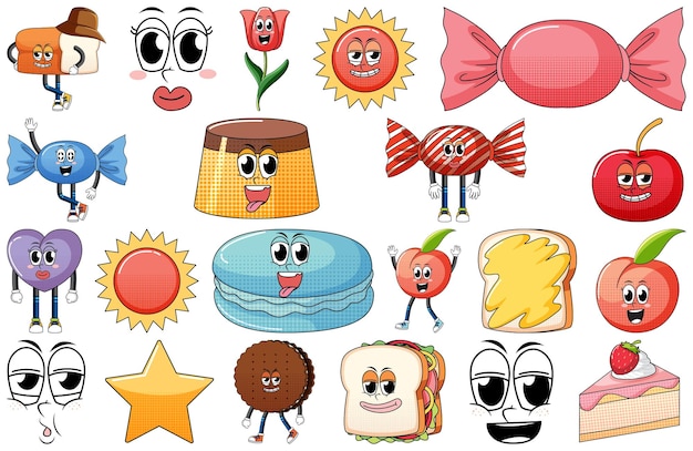 Set of facial expression with vintage style food cartoon on whit