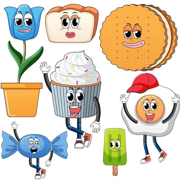 Vettore gratuito set di espressioni facciali con cartoni animati di cibo in stile vintage su briciolo