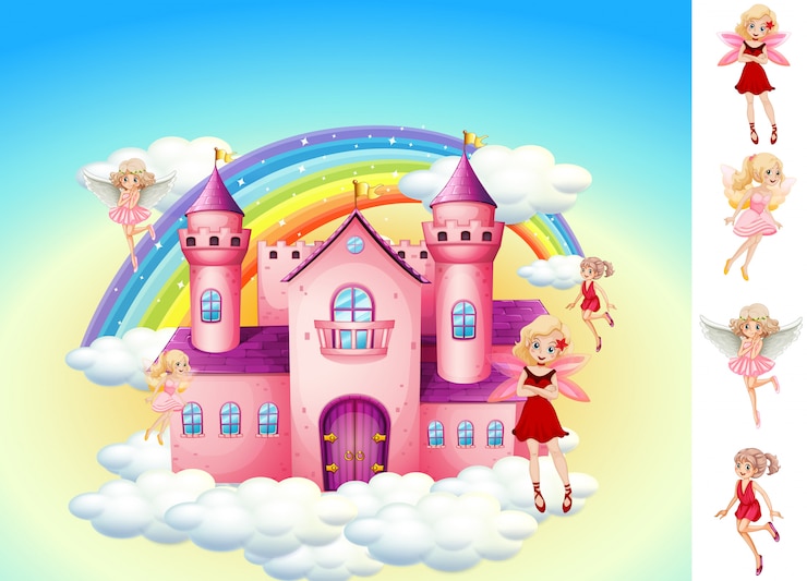 Free Vector set of fairies in sky castle