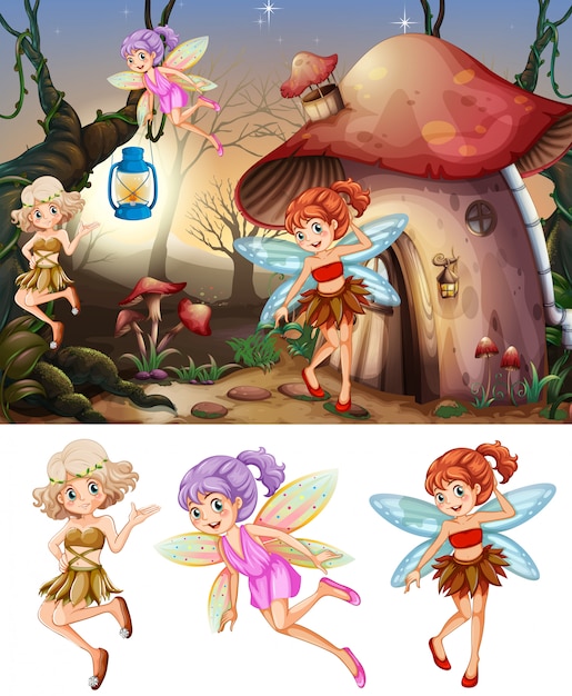Free vector set of fairies in wood scene