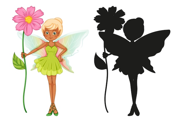 Free vector set of fairy characters and its silhouette