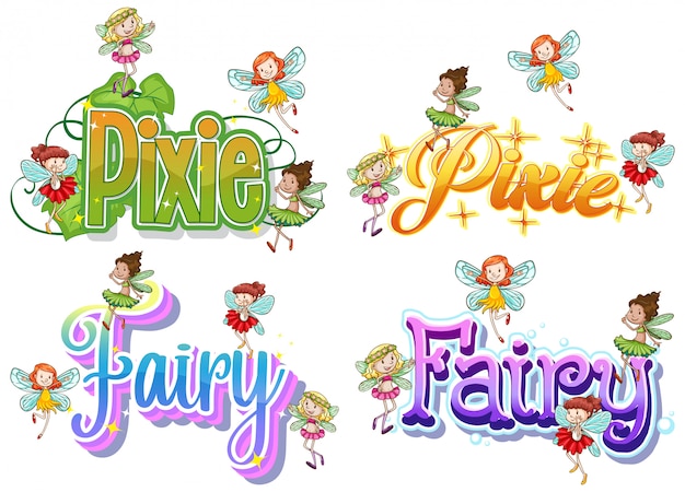 Set of fairy and pixie logo with little fairies