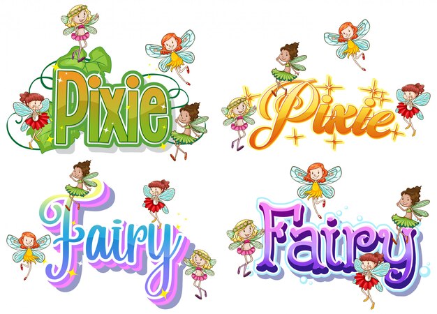 Набор логотипов феи и пикси с маленькими феями