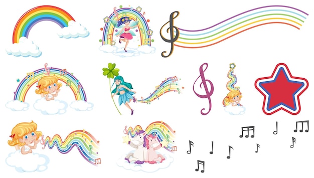 Free vector set of fantasy fairies and cupids with rainbow elements