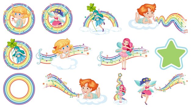 Set of fantasy fairies and cupids with rainbow elements