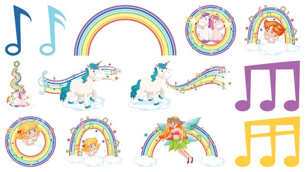 虹の要素を持つファンタジーの妖精とキューピッドのセット