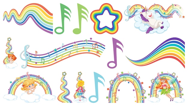 Free vector set of fantasy fairies and cupids with rainbow elements