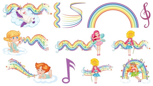 Free vector set of fantasy fairies and cupids with rainbow elements