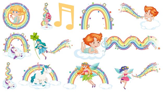 Set of fantasy fairies and cupids with rainbow elements