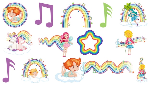 Set of fantasy fairies and cupids with rainbow elements