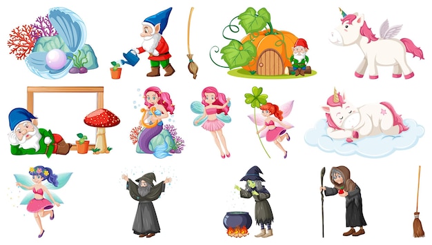 Set of fantasy fairy tale characters and elements