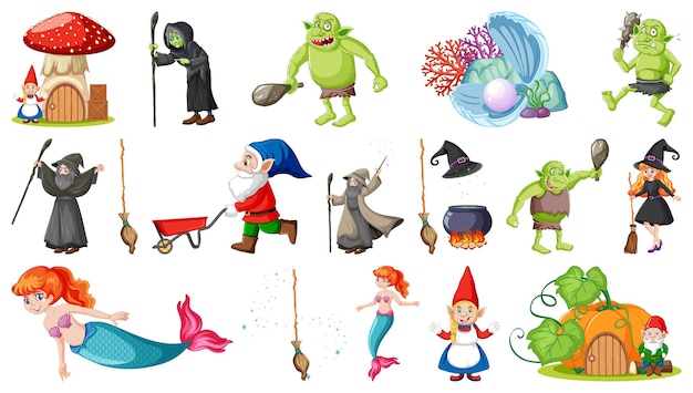 Set of fantasy fairy tale characters and elements