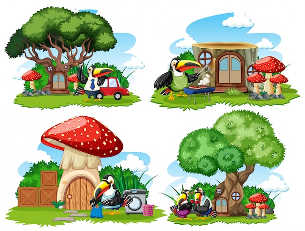 Free vector set of fantasy houses in the garden with cute animals isolated on white background