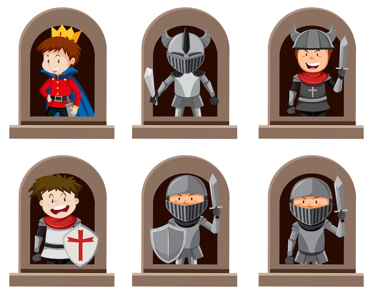 Бесплатный Вектор a set of fantasy knight character by the window on white backgro