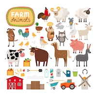 Set of farm animals and agricultural accessories.