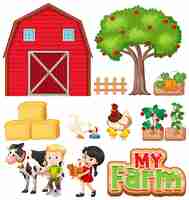 Free vector set of farm animals and barn on white background