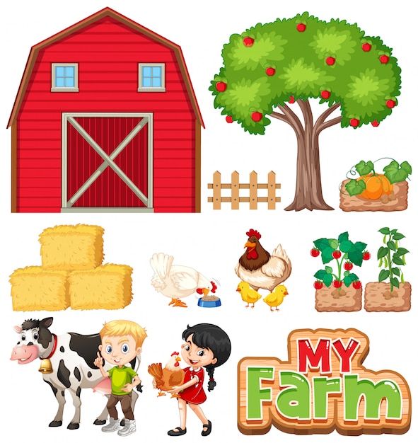 Free vector set of farm animals and barn on white background