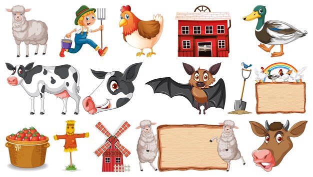 Set of farm animals on white background