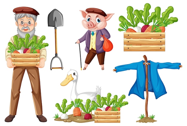 Free vector set of farm objects and farmer cartoon character