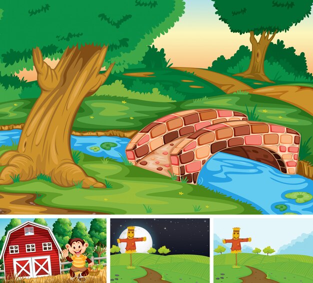 Set of farm scene cartoon style