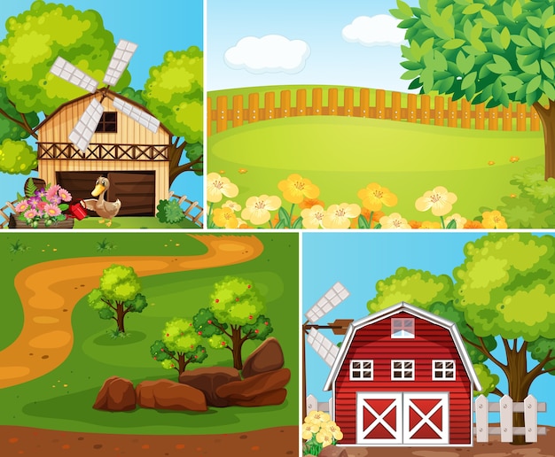 Free vector set of farm scene cartoon style