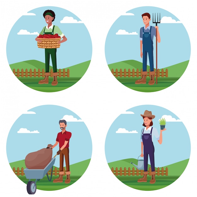 Free vector set of farmers working in farm cartoons