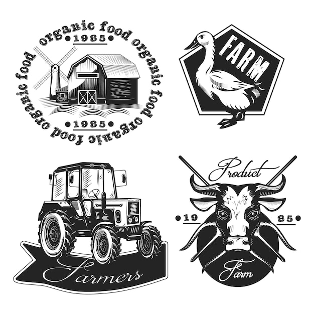 Free vector set of farming emblems isolated on white.