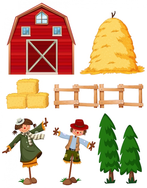 Set of farming items with barn and scarecrows