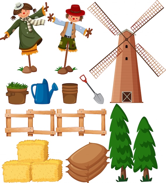 Set of farming items with scarecrows and windmill