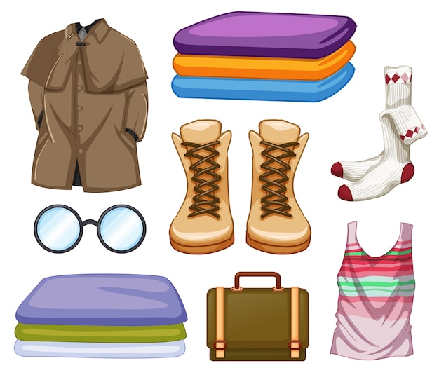 Set of fashion outfits and accessories on white background