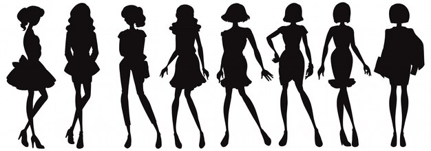 Free Vector set of fashionable lady silhouette character