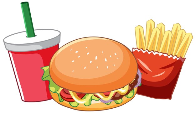 Set of fast food with hamburger and french fries