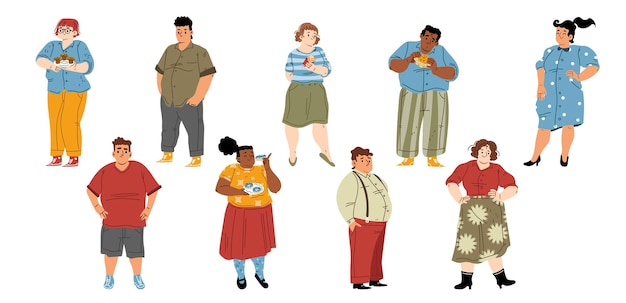 Free vector set of fat people body positive unhealthy eating